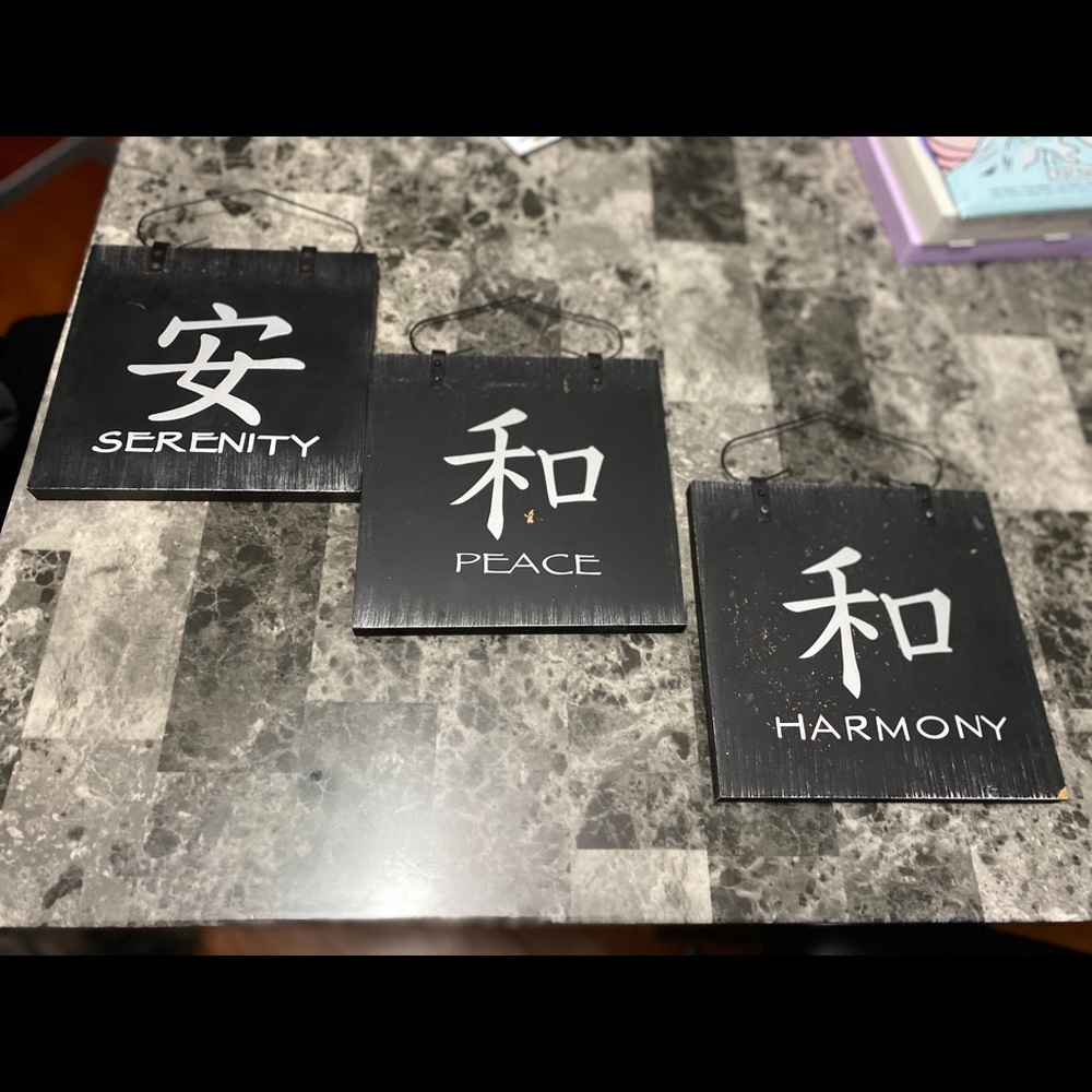 3 hanging pictures Peace , Harmony & Serenity
